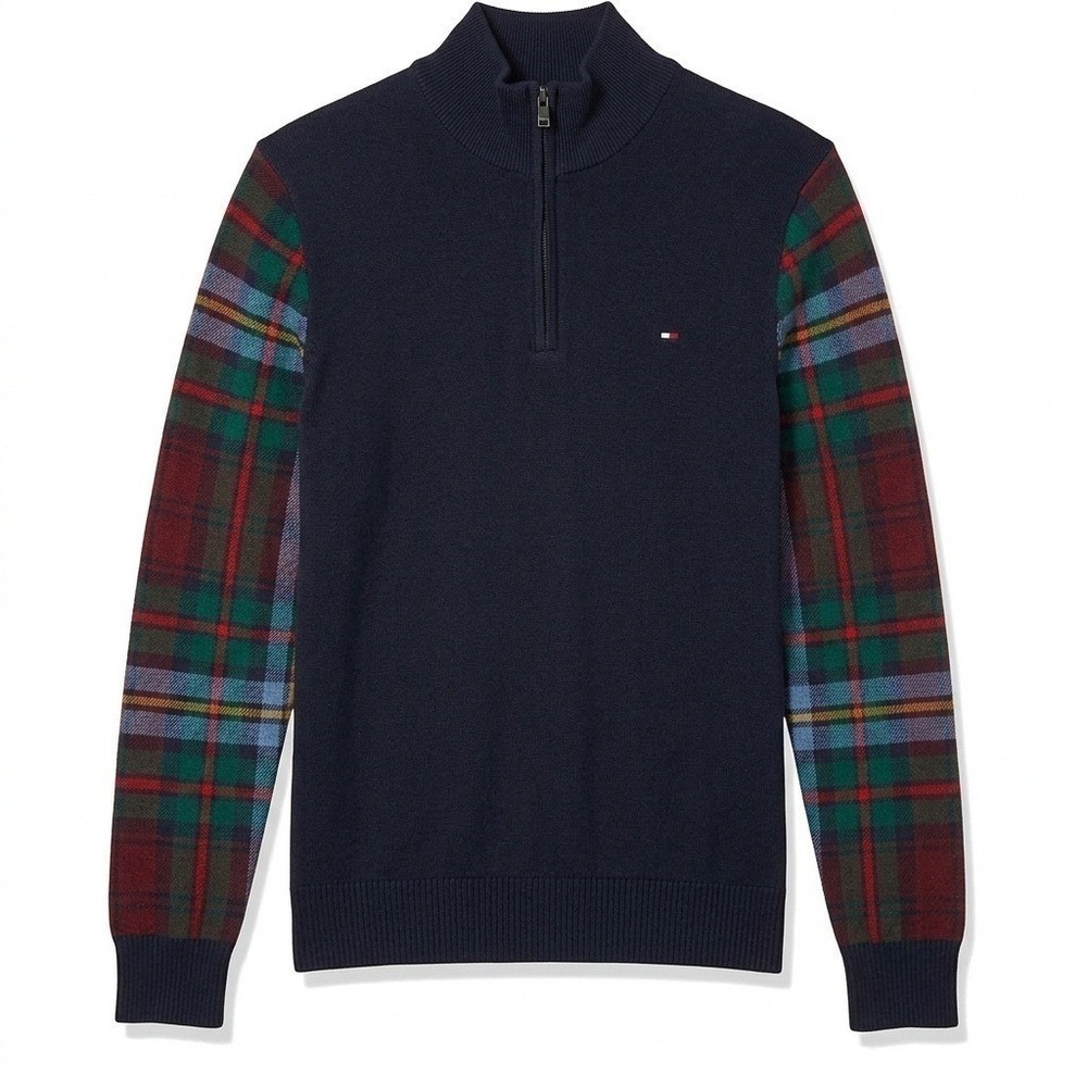 Tommy Hilfiger Sweater Mens Small Navy Plaid Sleeve Half Zip Cotton Pullover NWT